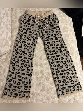 Hem & Thread Beige and Black Leopard Wide Leg Knit Pants